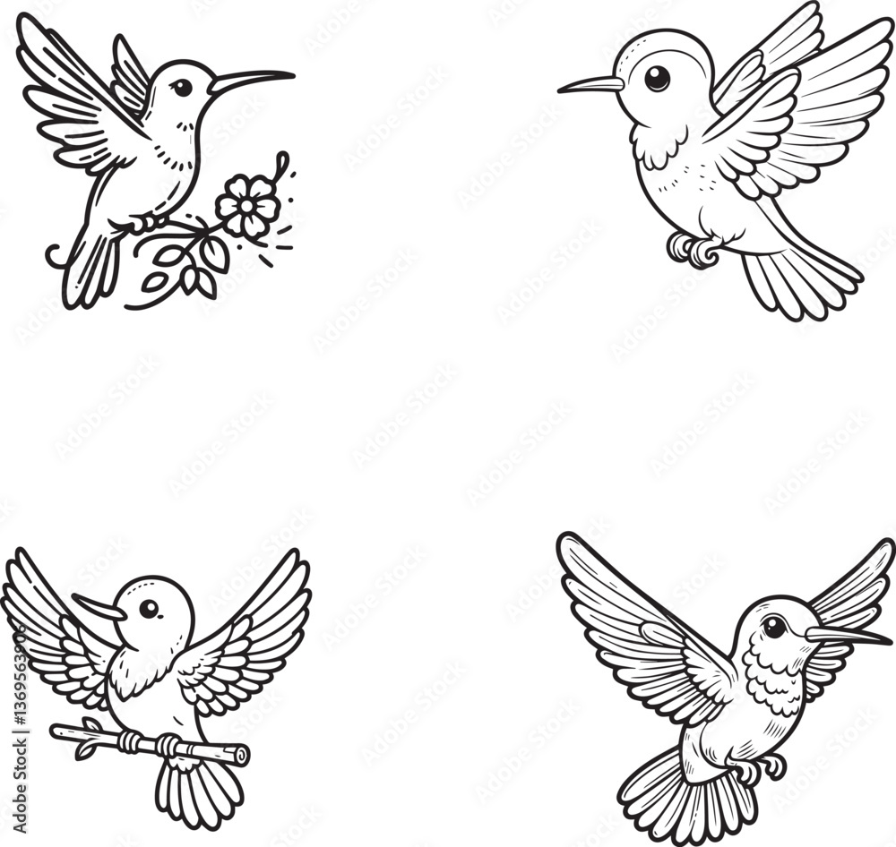 Obraz premium Cartoon Hummingbird Character Set – Cute Flying Bird Outlines and Floral Illustrations for Kids and Coloring Pages