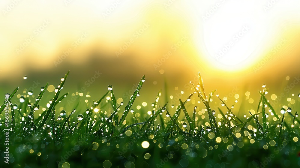 Obraz premium Dew Drops on Grass Blades at Sunrise Nature's Refreshing Beauty
