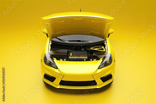Premium Quality Visual of a Yellow Car with the Hood Open and the Front is Yellow