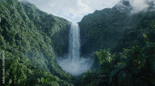 Lush Waterfall cascading down a mountainside, surrounded by dense tropical foliage