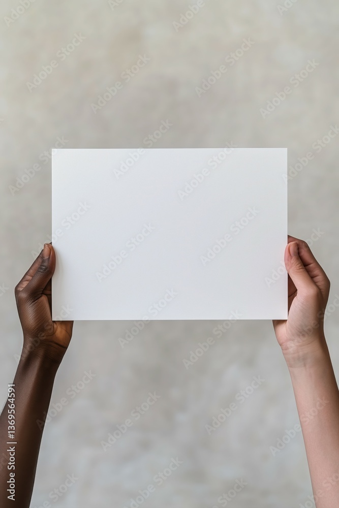 A close-up image of two hands of different skin tones firmly holding a blank white placard, symbolizing diversity and inclusion. A close-up image of two hands of different skin tones firmly holding a blank white placard, symbolizing diversity and inclusion.