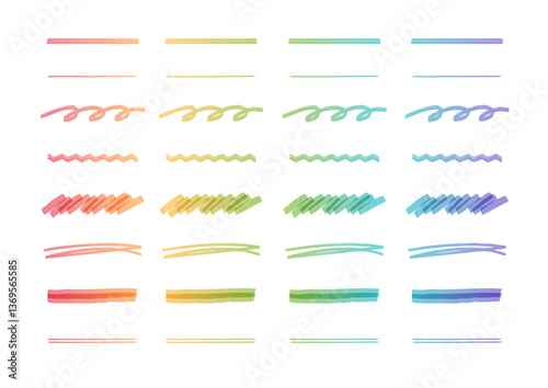 カラフルなグラデーション手書きライン素材セット