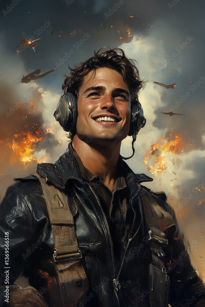 Fototapeta premium Młody pilot w lotniczej kurtce i słuchawkach z uśmiechem patrzy w dal, otoczony eksplozjami i samolotami w powietrzu. Dynamiczna ilustracja o tematyce wojskowej i lotniczej.