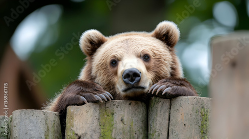 Brown Bear Cub Peeking Over Wooden Fence