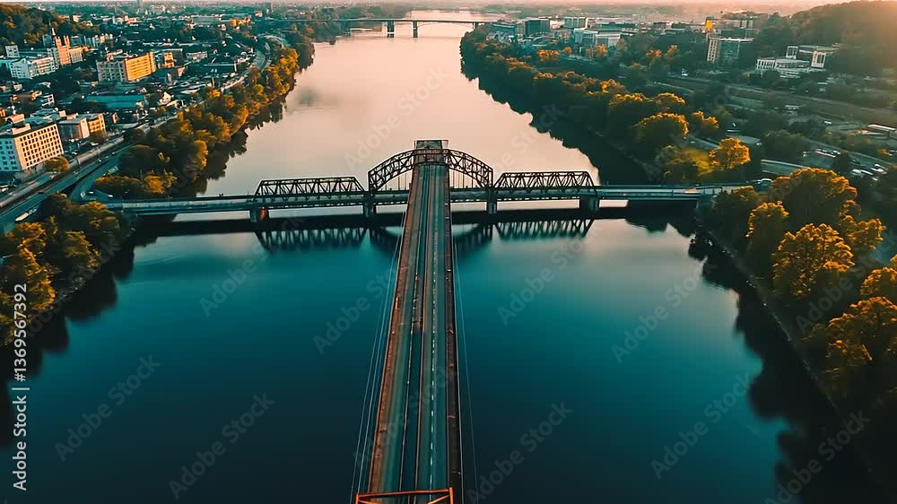 Aerial view of a red bridge spanning a calm river, surrounded by trees and urban scenery at sunset