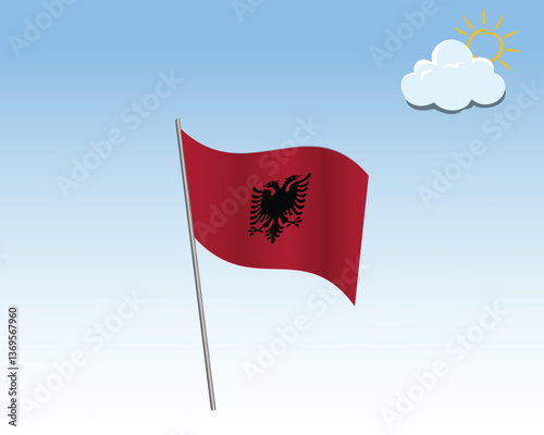 National waving vector flag of the Albania. flag waving in the wind against a blue sky