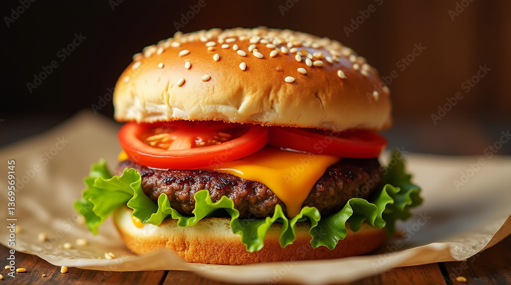 Burger with Tomato and lettuce on table, Burger in Restaurant background Burger with Tomato and lettuce on table, Burger in Restaurant background