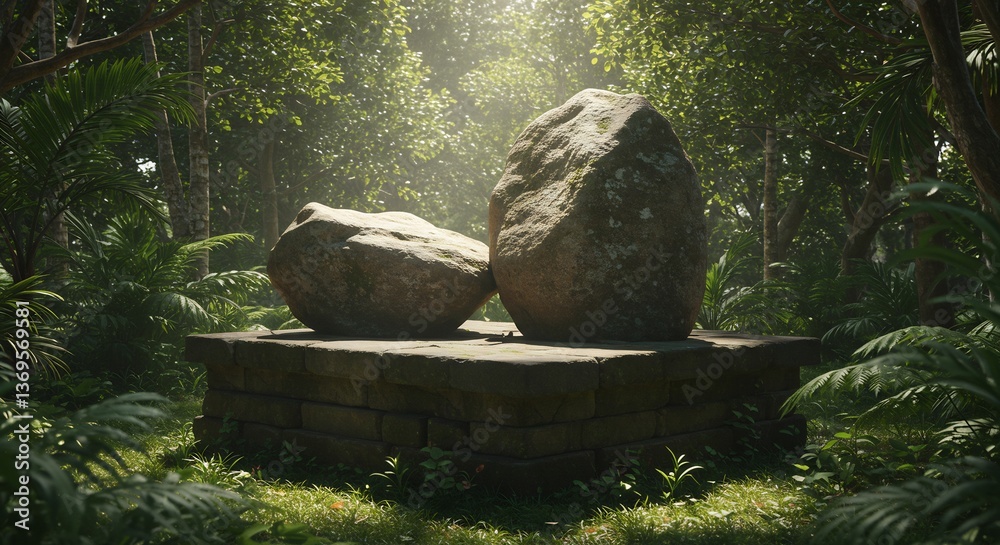 Fototapeta premium Luminous sunlight filters through lush jungle foliage illuminating ancient stones resting on a low stone platform.. AI Generated