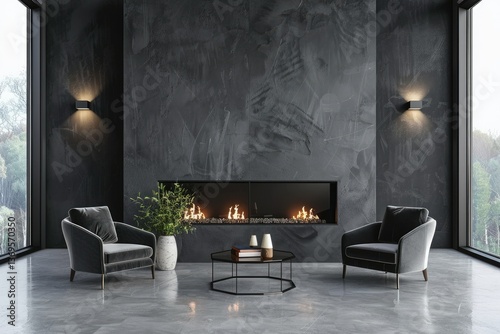 Ultra Quality Image of Gray Living Room Interior with Armchairs and Fireplace