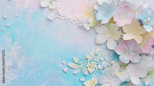 Pastel floral design with delicate handmade paper flowers arranged artfully