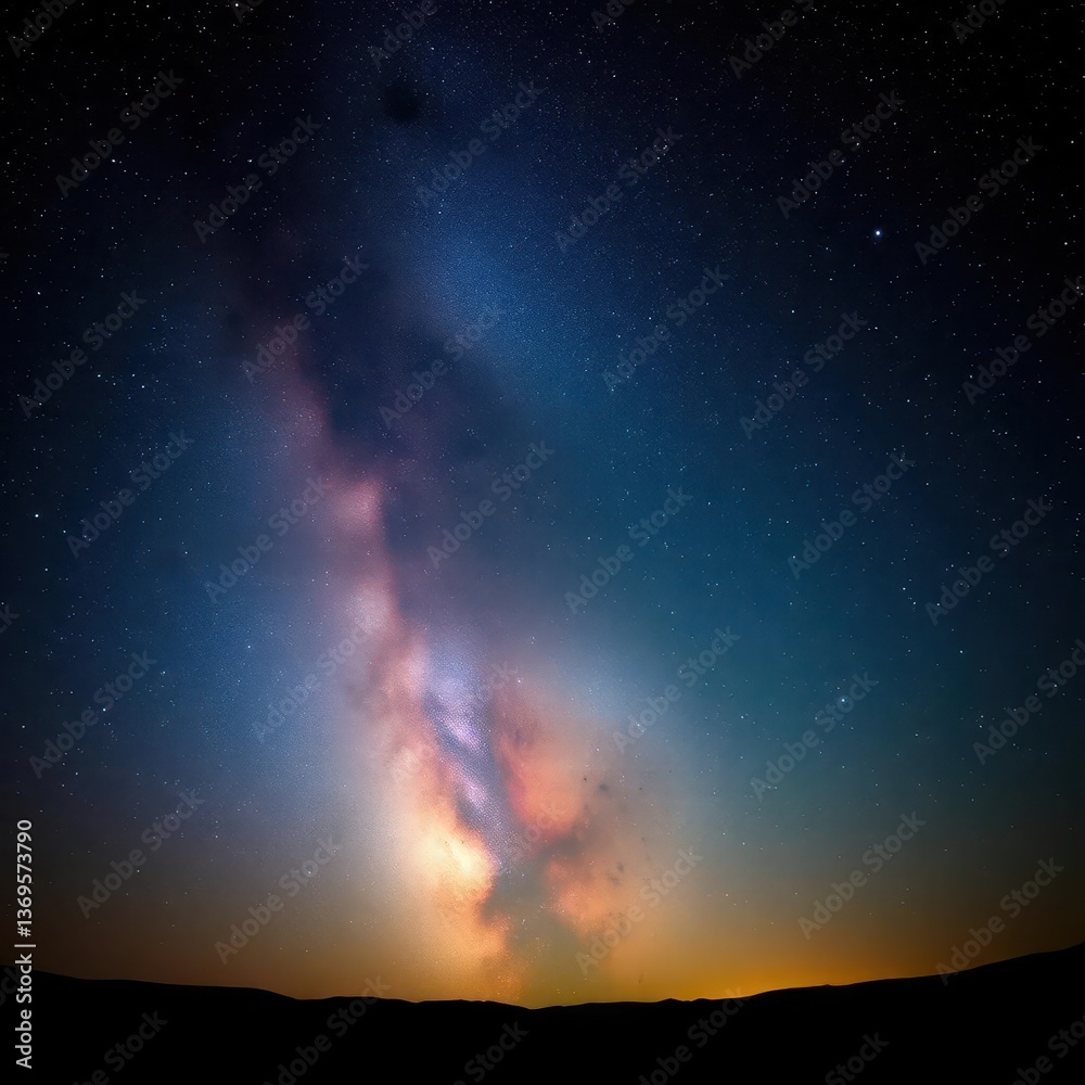 Vast Milky Way arching majestically over a dark, silhouetted horizon, astrophotography, universe, wide Vast Milky Way arching majestically over a dark, silhouetted horizon, astrophotography, universe, wide