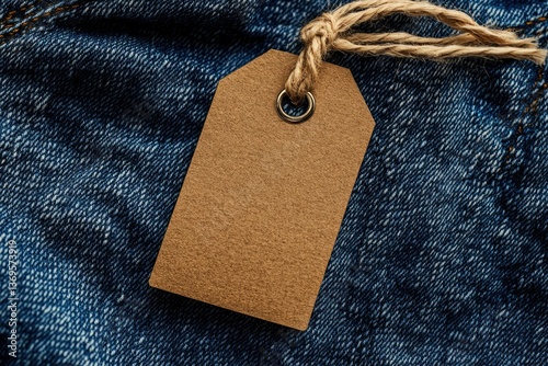 Clear Pixel Image of Empty Rectangular Brown Paper Tag on Blue Jeans
