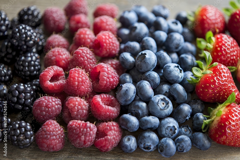 A photo of a wooden surface with a vibrant array of fresh berries arranged in a row A photo of a wooden surface with a vibrant array of fresh berries arranged in a row