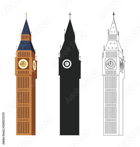Big Ben Clock Tower and Houses of Parliament in London vector illustration, Big Ben silhouette