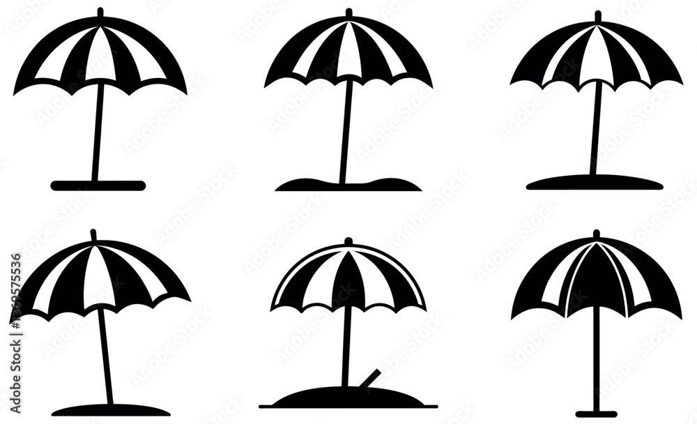 Beach Umbrella Icon Set Collection, Minimalist Designs Beach Umbrella Icon Set Collection, Minimalist Designs
