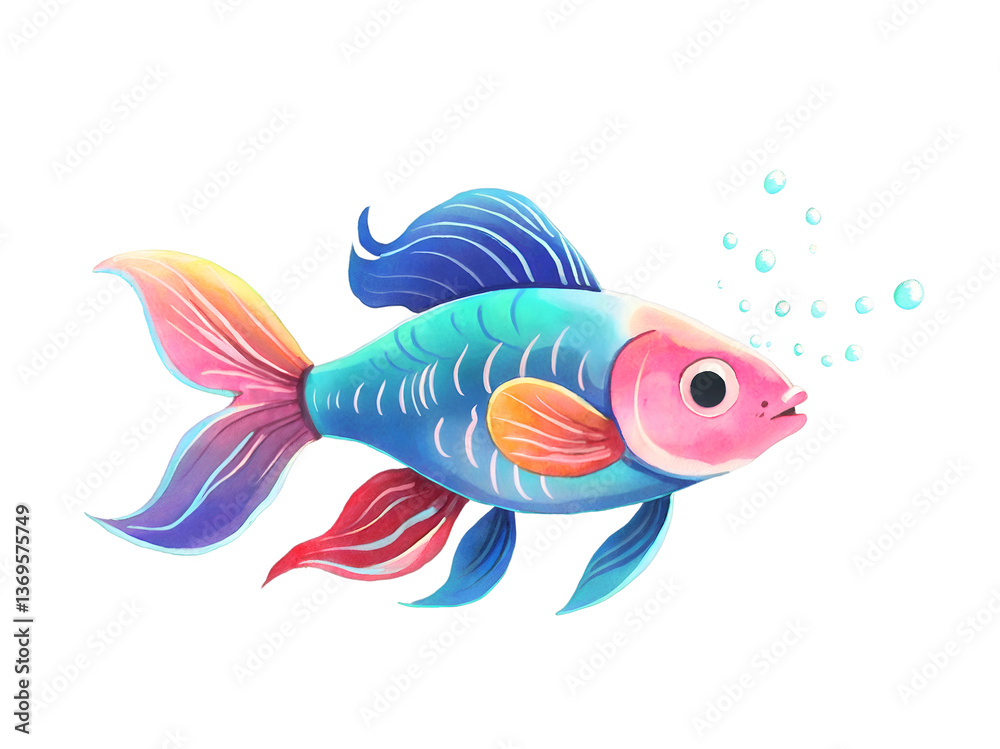 Whimsical watercolor illustration of a vibrant betta fish gracefully swimming underwater, adorned with a rainbow of colors and surrounded by playful bubbles Whimsical watercolor illustration of a vibrant betta fish gracefully swimming underwater, adorned with a rainbow of colors and surrounded by playful bubbles