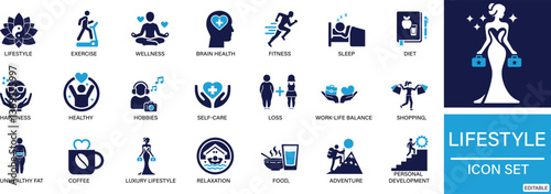  Lifestyle icon set . Health, Wellness, Fitness, Travel, Food, Hobbies You can easily change the color..