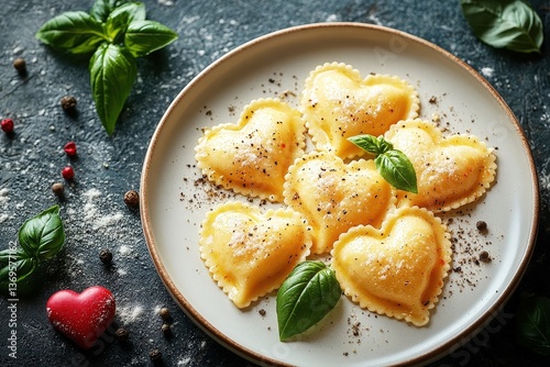 Heart-shaped ravioli delights arranged on a rustic plate surrounded by fresh herbs and spices in a cozy kitchen setting