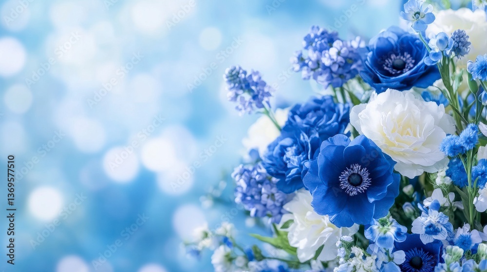 Vibrant Blue and White Floral Arrangement with Blurred Background Vibrant Blue and White Floral Arrangement with Blurred Background