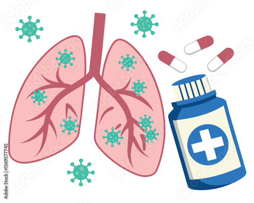 Respiratory Illness Concept: Lungs with Virus, Medicine Bottle and Pills