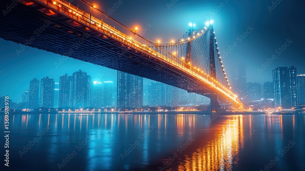 Naklejka premium Night Bridge Over City Skyline, Foggy River