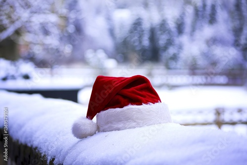 A high-quality photo of a white snow-covered ground with a red Santa hat placed on it