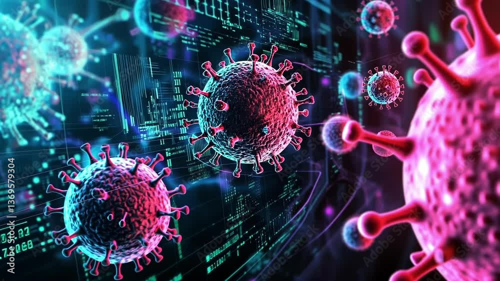 Microscopic view of coronavirus particles floating over digital code representing cyber security threats and data vulnerability during pandemic