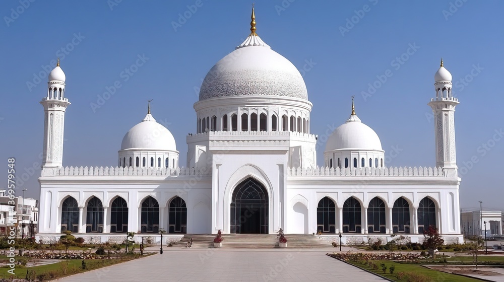 Obraz premium Majestic white mosque, sunny day, clear sky, urban backdrop, tourism