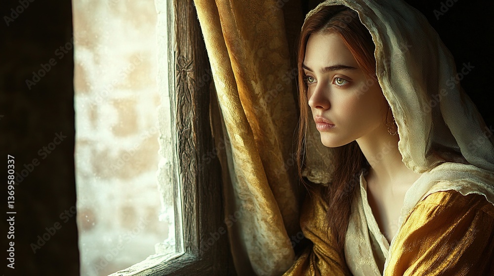 Obraz premium Young Woman Dressed as a Medieval Princess Gazing Out a Window