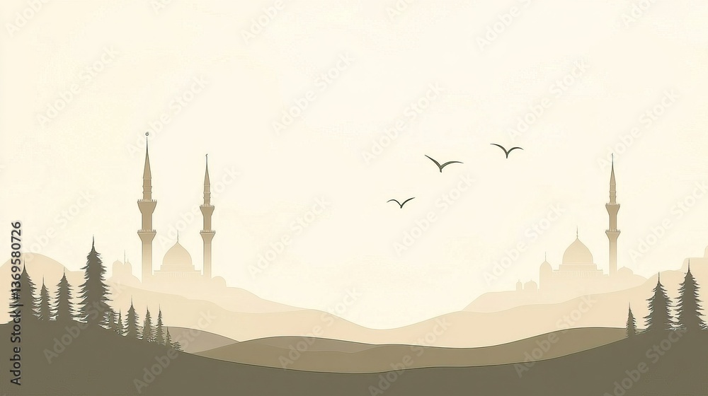 Naklejka premium Misty sunrise, mosque silhouette, hills, birds, travel brochure