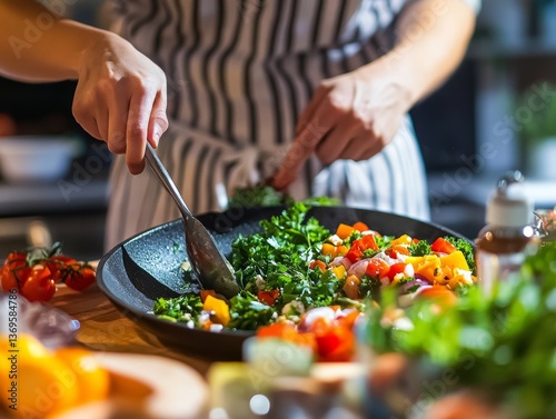 Person preparing a healthy meal with colorful ingredients in a modern kitchen. photo