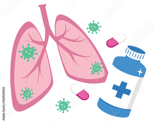 Respiratory Illness Concept: Lungs with Virus, Medicine Bottle and Pills
