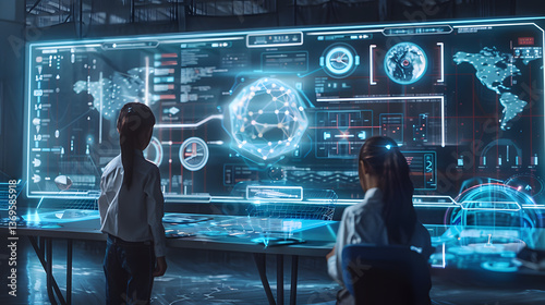 Futuristic AI-powered classroom with holographic photo