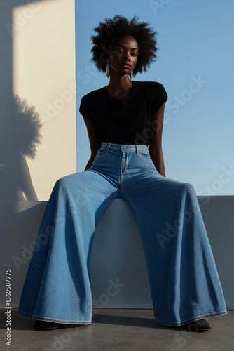 Fashion photography of a model wearing wide-leg jeans and a black t-shirt, with wide-leg jeans and wide-waisted denim pants in a blue color palette. This high-fashion editorial fea
