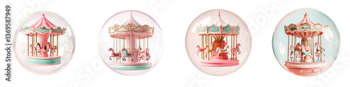Charming and nostalgic carousel rides with ornate colorful designs and playful carousel horses evoking a sense of childhood wonder and festive amusement park memories