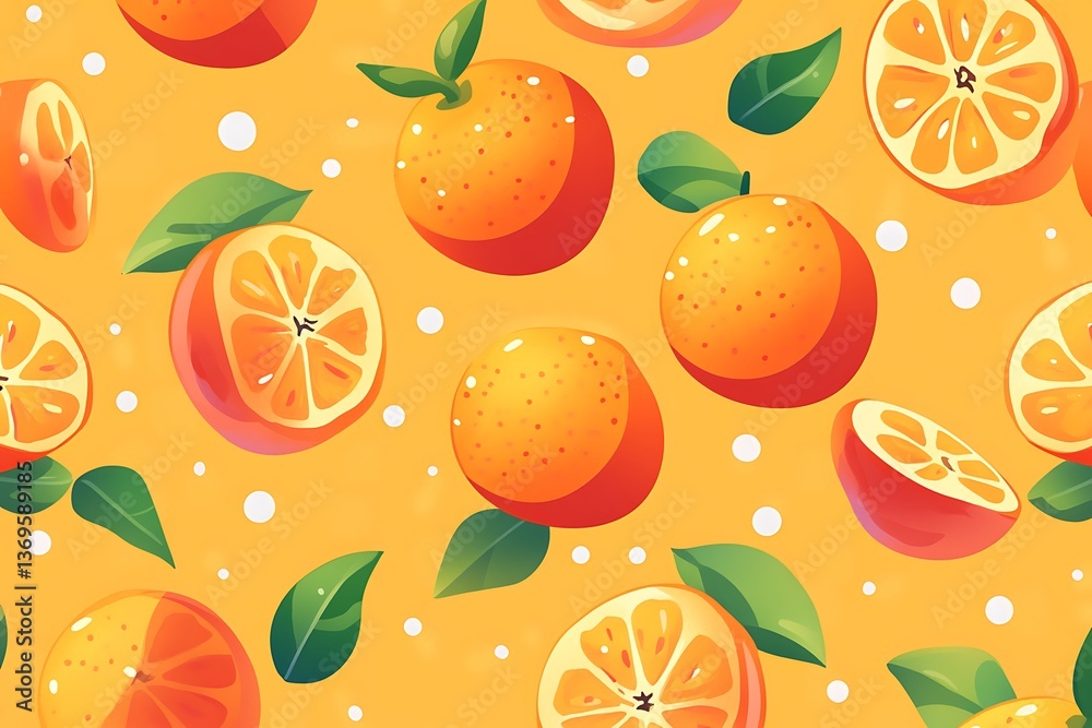 Seamless pattern of cartoon oranges, slices and leaves on an orange background illustration Seamless pattern of cartoon oranges, slices and leaves on an orange background illustration