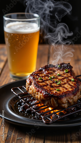 Grilled steak garnished with herbs and steaming beer  