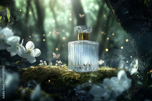 A luxurious perfume bottle with a frosted glass body and a golden cap, elegantly placed on a moss-covered rock in an enchanting forest.