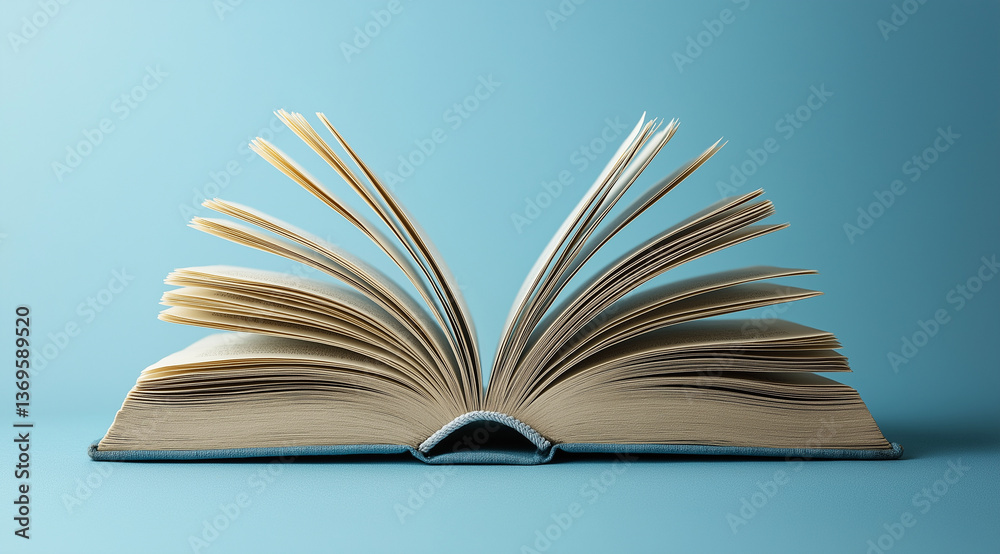 Fototapeta premium An open book with pages turning, representing knowledge and learning on a blue background.Concept World Book Day