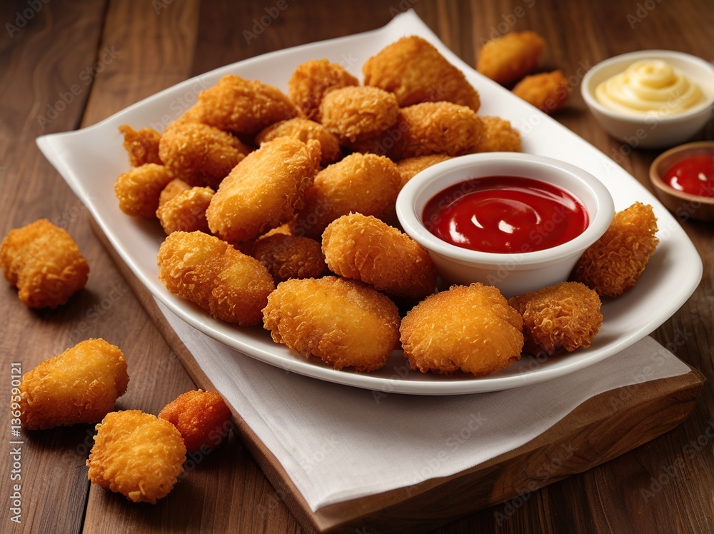fried chicken nuggets, A plate of golden fried chicken nuggets served with a side of ketchup for dipping fried chicken nuggets, A plate of golden fried chicken nuggets served with a side of ketchup for dipping