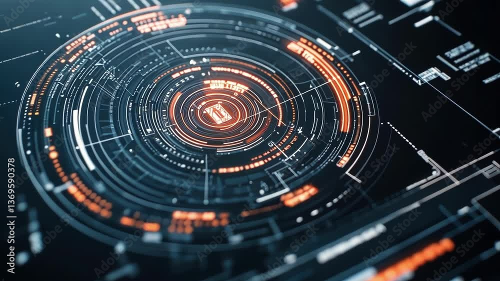 Futuristic head up display - hud - showcasing loading status with a prominent orange and blue circular design, suggesting advanced technology, data analysis, and user interface elements
