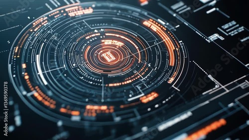 Wallpaper Mural Futuristic head up display - hud - showcasing loading status with a prominent orange and blue circular design, suggesting advanced technology, data analysis, and user interface elements Torontodigital.ca