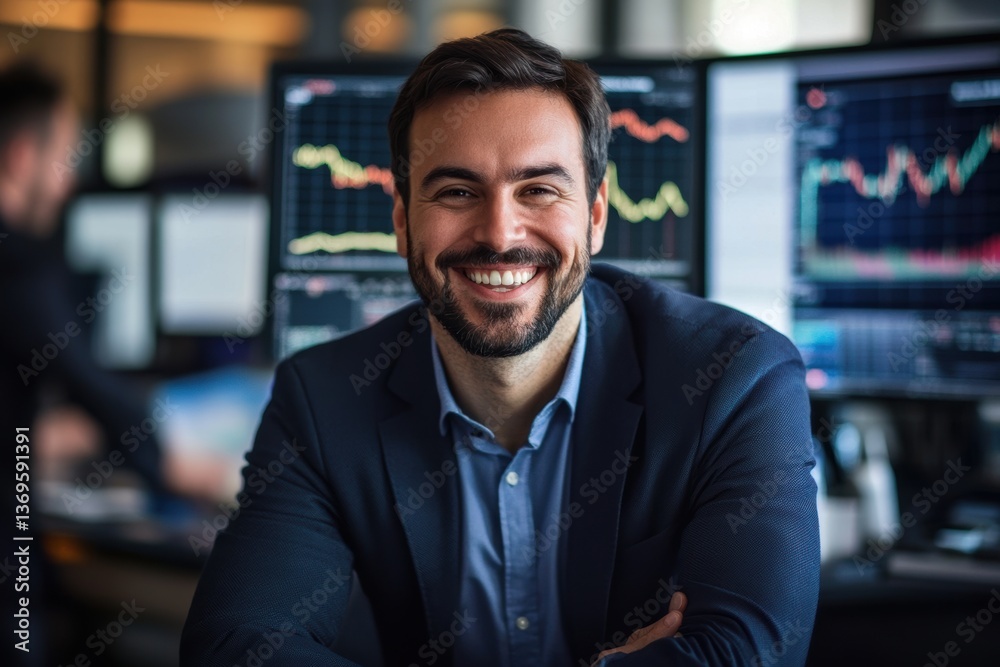 Portrait of a Confident Trader: A smiling male trader, radiating confidence, captured in a professional setting with computer screens displaying financial data. Portrait of a Confident Trader: A smiling male trader, radiating confidence, captured in a professional setting with computer screens displaying financial data.
