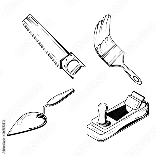 Set Abstract Collection Black Simple Line Work Building Engineering Tools Instrument Mechanical Doodle Outline Element Vector Design Style Sketch Isolated On White Background Illustration