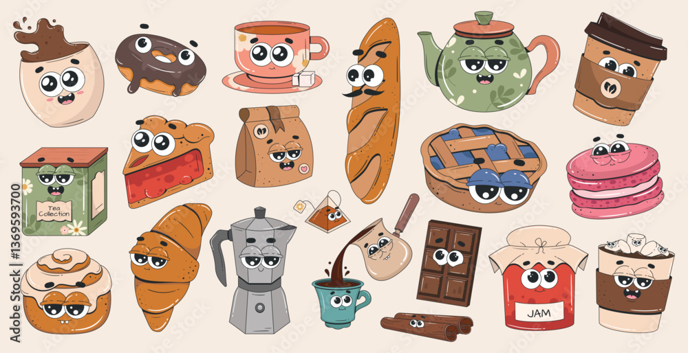 Obraz premium Big collection of cartoon groovy food and drink characters. Retro stickers set. Donut, chocolate, coffee, kettle, croissant, cookie, macaroon, baguette, jam, pie. Coffee shop and cafe patches