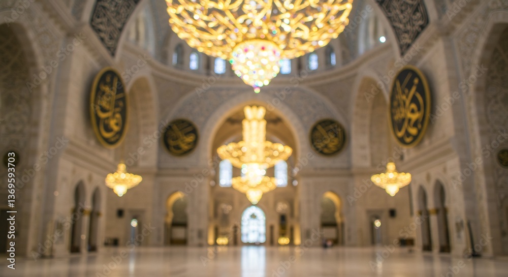 Obraz premium Grand Mosque Interior Warm Light Gleaming Chandeliers. AI Generated