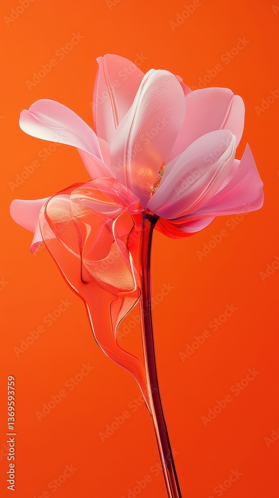 Obraz premium A futuristic 3D glass tulip with translucent crystalline petals reflecting pink, purple, and gold tones, delicate water droplets, and a sleek metallic stem, floating in a warm