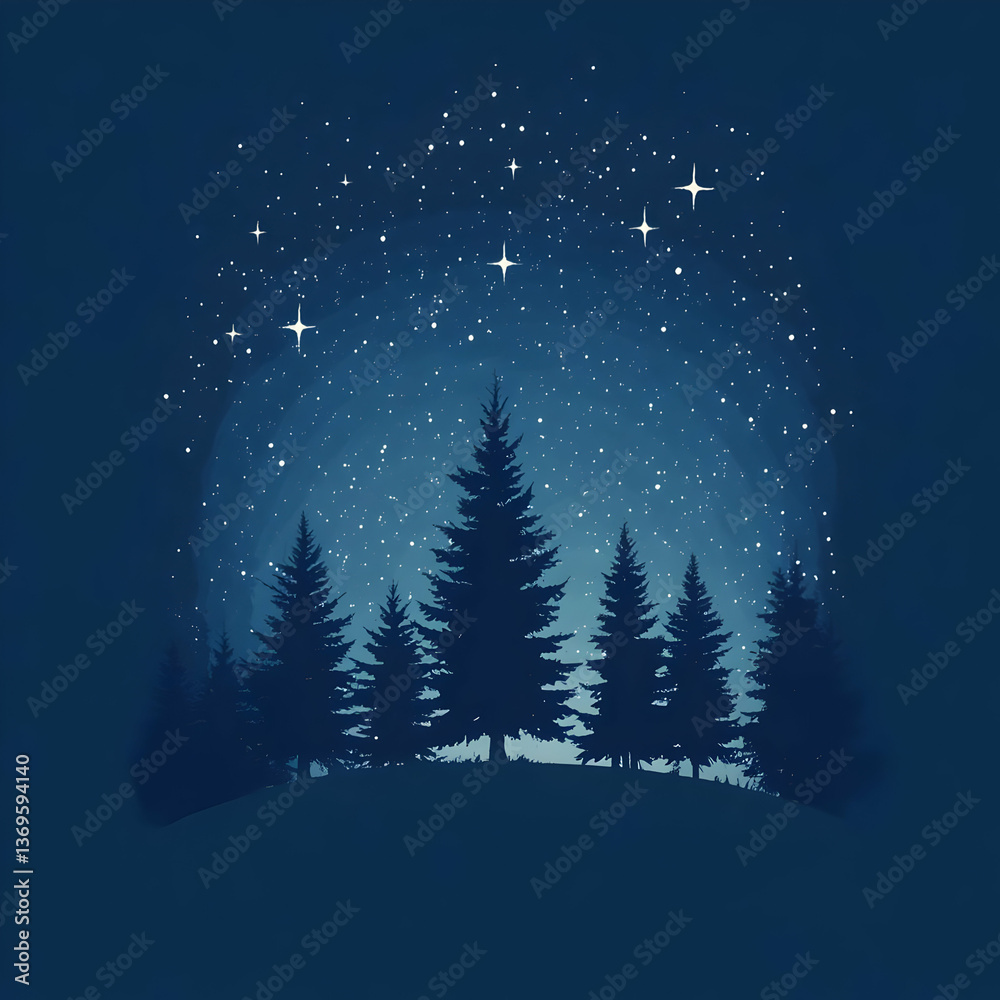 Obraz premium A serene night scene featuring silhouetted trees against a starry sky.