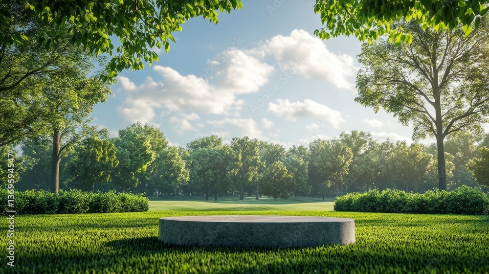 Fototapeta premium Empty podium on a grassy field with a cloudless blue sky and trees lining the far edge of the field