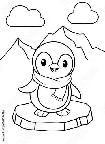 Cute penguin coloring page with scarf, standing on ice with mountains and clouds in the background.